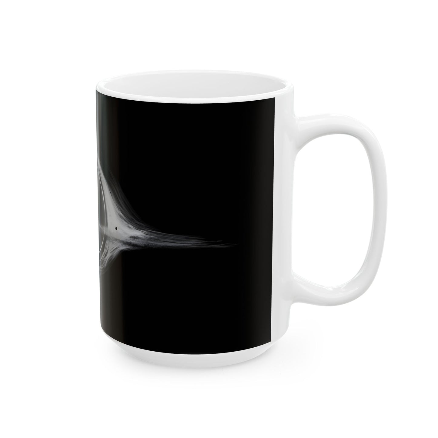 Close-up of the Interstellar Black Hole Image Ceramic Mug revealing its eye-catching black hole imagery that captivates even the most serious coffee drinkers.