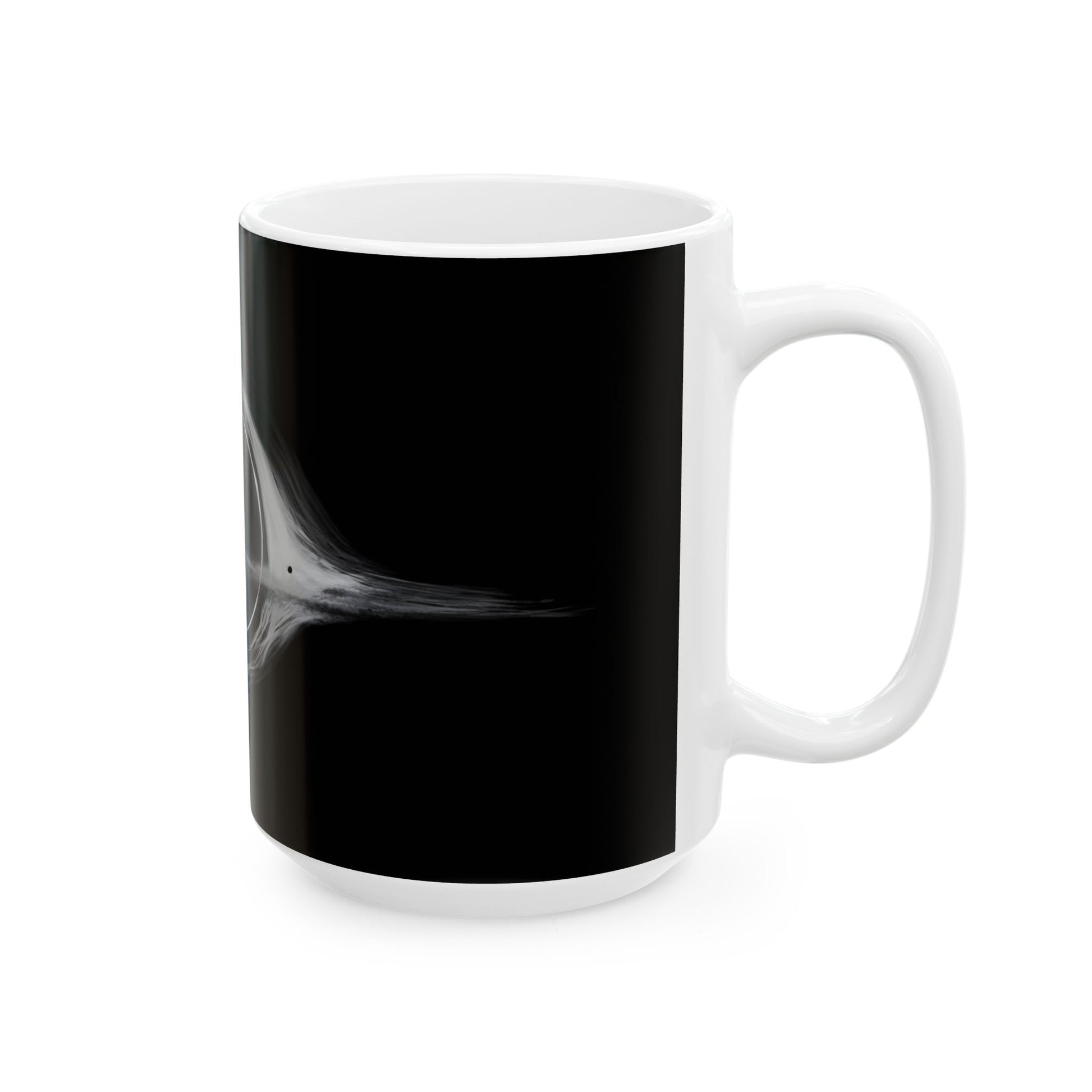 Close-up of the Interstellar Black Hole Image Ceramic Mug revealing its eye-catching black hole imagery that captivates even the most serious coffee drinkers.