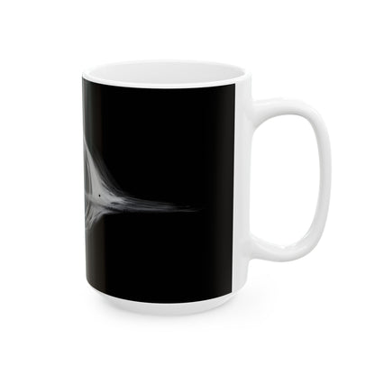 Close-up of the Interstellar Black Hole Image Ceramic Mug revealing its eye-catching black hole imagery that captivates even the most serious coffee drinkers.