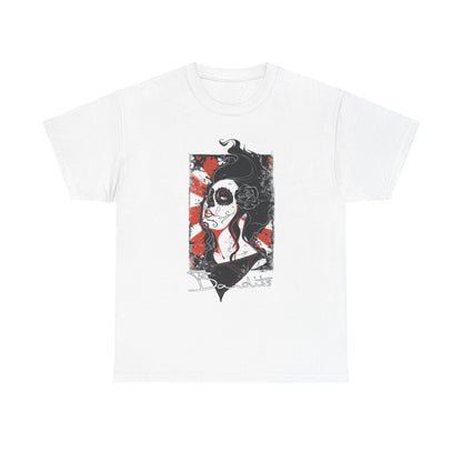 Luxuriously crafted men's T-shirt featuring a bold sugar skull graphic design on a pristine white background, encapsulating gothic elegance with intricate detailing of a female figure.