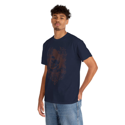 Casual yet chic portrayal of a male model wearing a Men's Zombie Graphic T-Shirt. The navy shirt features an exquisite brown zombie design, perfect for making a bold fashion statement.