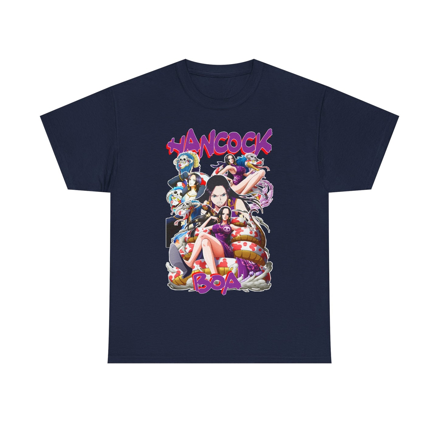 Sophisticated navy blue Boa Hancock Royalty T-Shirt featuring a dynamic montage of One Piece characters, designed for discerning fans.