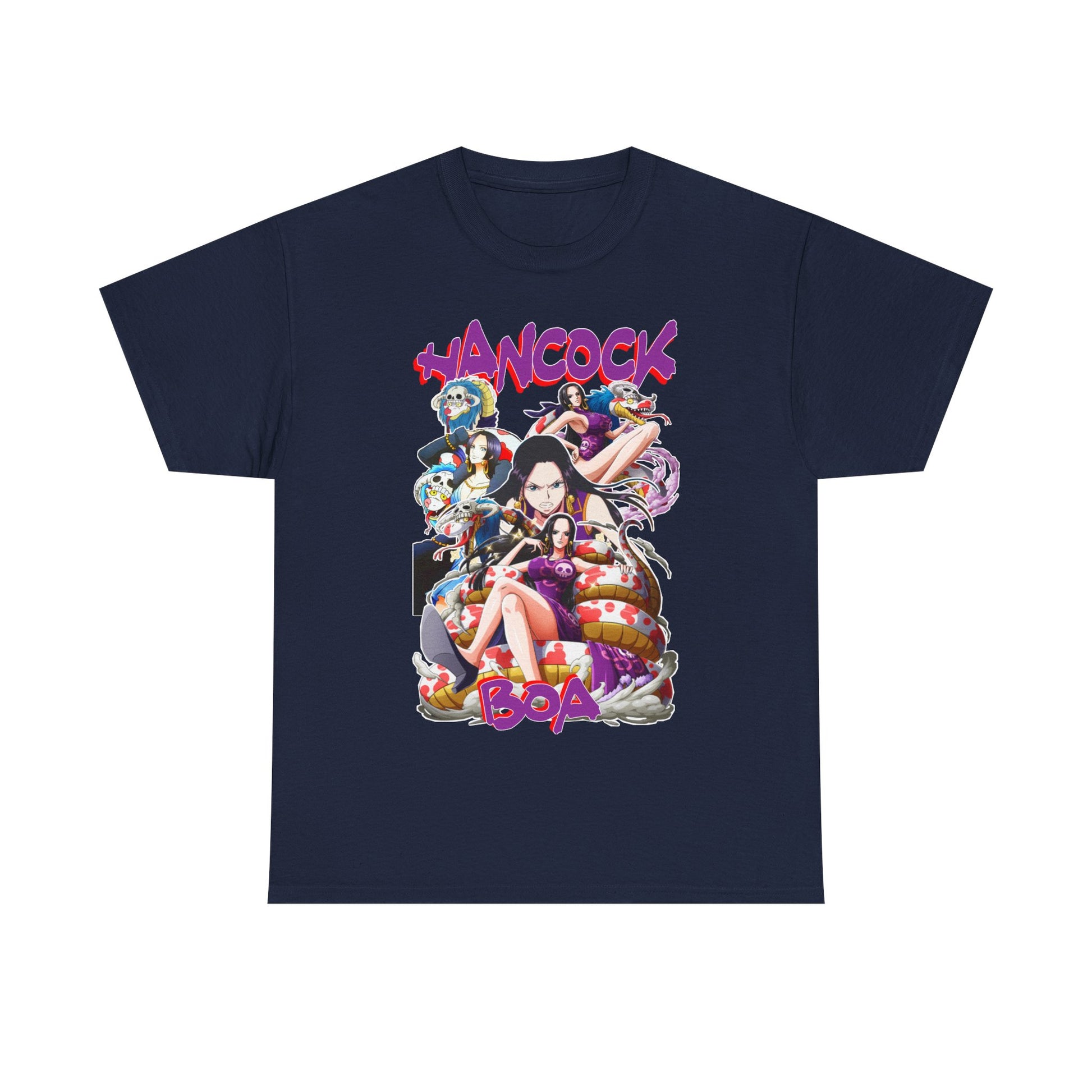 Sophisticated navy blue Boa Hancock Royalty T-Shirt featuring a dynamic montage of One Piece characters, designed for discerning fans.