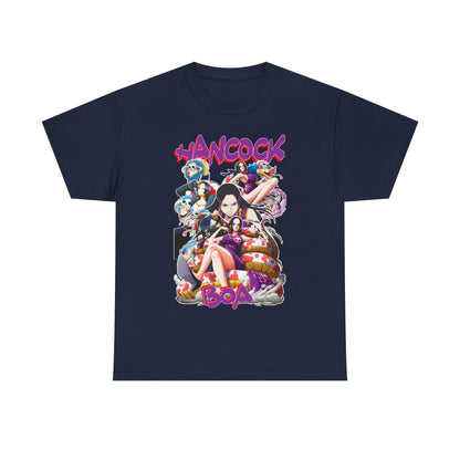 Sophisticated navy blue Boa Hancock Royalty T-Shirt featuring a dynamic montage of One Piece characters, designed for discerning fans.