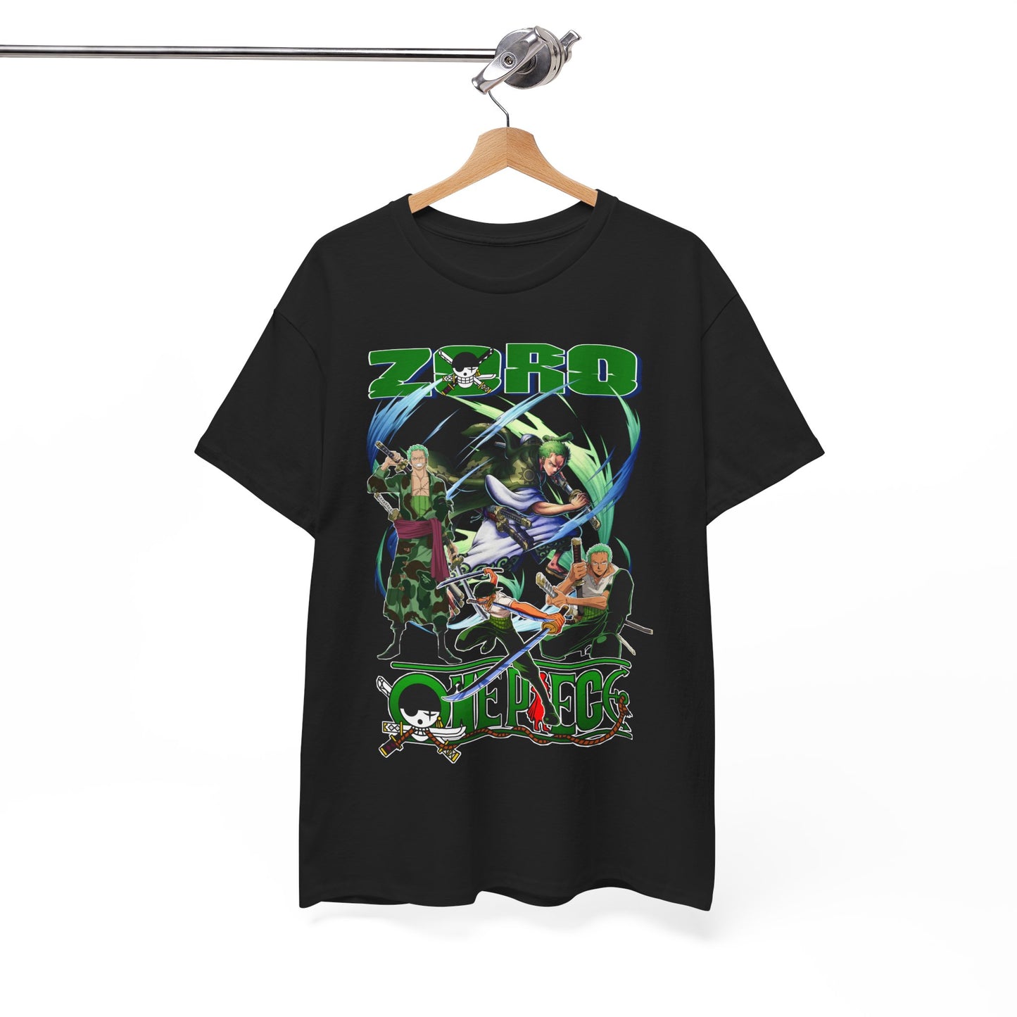Black t-shirt displayed on hanger, featuring an eye-catching anime graphic with Zoro, perfect for urban fashion and anime enthusiasts.