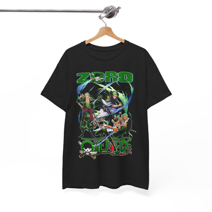 Black t-shirt displayed on hanger, featuring an eye-catching anime graphic with Zoro, perfect for urban fashion and anime enthusiasts.