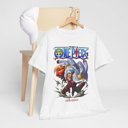 Chic One Piece Akainu T-Shirt draped over a chair, emphasising a striking illustration of Akainu against a creative background, seamlessly blending comfort and anime style for discerning fans.