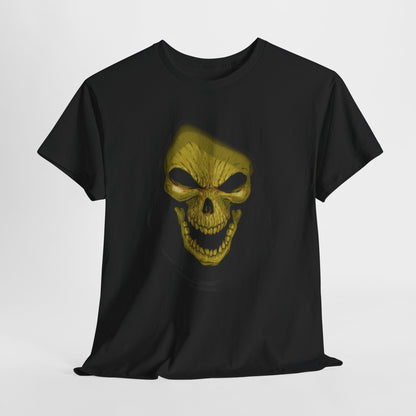 Skeletor He Man Unisex Mens Womens Graphic Funny T Shirt Tee Urban showcasing a striking stylized skull design in vibrant golden-yellow tones against a classic black backdrop, perfect for those who embrace a rebellious spirit.
