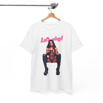 Sophisticated white t-shirt with 'Let's play!' graphic, elegantly hung, featuring a fierce gamer, a statement piece for the discerning gamer.