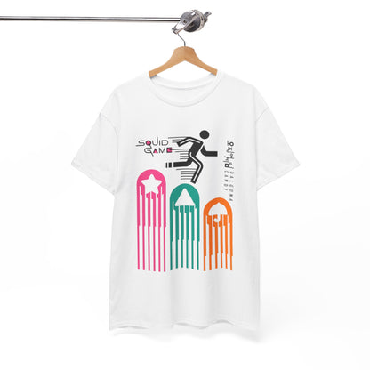 Chic Squid Game graphic tee hanging elegantly, presenting a vibrant and playful design, perfect for the discerning fashion enthusiast seeking to express individuality.