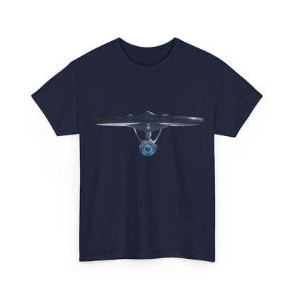 Front view of the USS Enterprise Star Trek Graphic Unisex T Shirt Tee in deep navy, featuring a stunning illustration of the USS Enterprise.