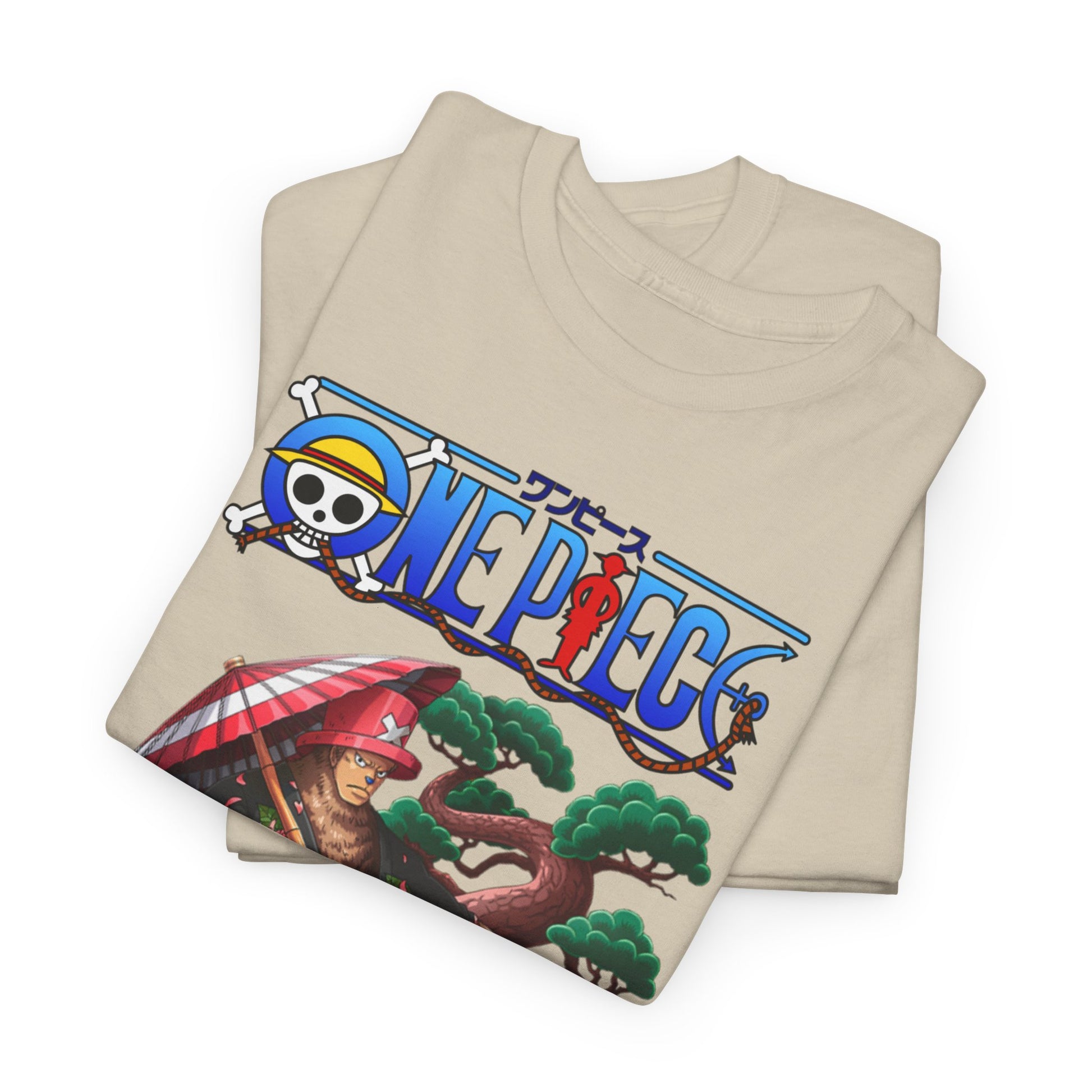 Elegant folded men's t-shirt in neutral tones, adorned with a striking Chopper design from One Piece, highlighting its intricate and bold aesthetics.
