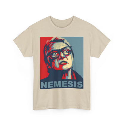 Chic Snatch Brick Top Nemesis t-shirt in a sophisticated cream shade, featuring a graphic portrayal of the nemesis character, blending contemporary art with everyday fashion.