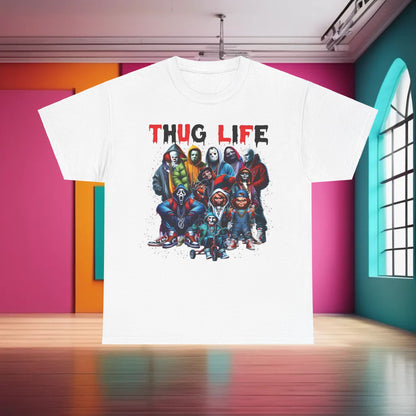 Luxury Thug Life Horror Characters Graphic T-Shirt in white, displaying a striking graphic of legendary horror characters in urban fashion.