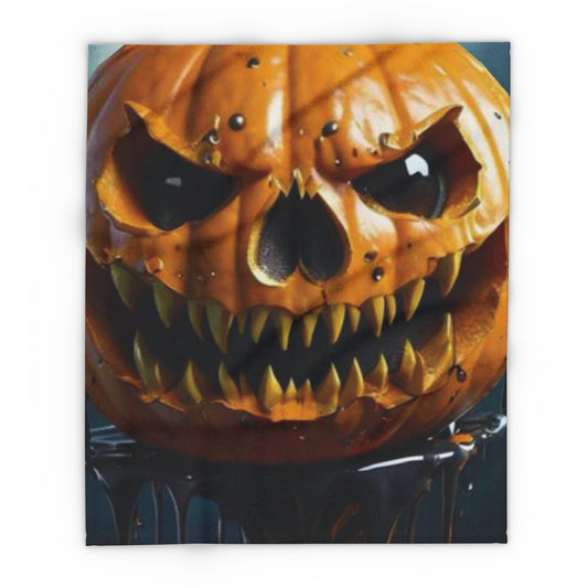 Decorative and Warm Halloween Spooky Arctic Fleece Blanket showcasing a spooky jack-o'-lantern with an eerie expression, perfect for achieving an atmospheric Halloween ambiance.