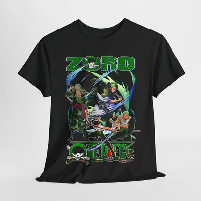 Luxurious black One Piece T-Shirt featuring a dynamic graphic design of Zoro, alongside other iconic characters, perfect for anime enthusiasts and fashionable streetwear.