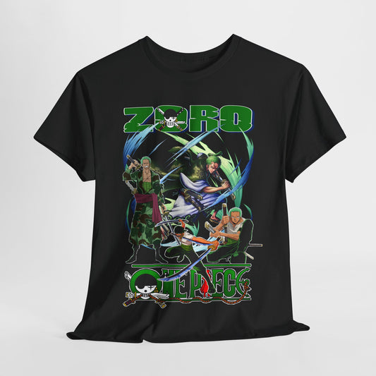Luxurious black One Piece T-Shirt featuring a dynamic graphic design of Zoro, alongside other iconic characters, perfect for anime enthusiasts and fashionable streetwear.