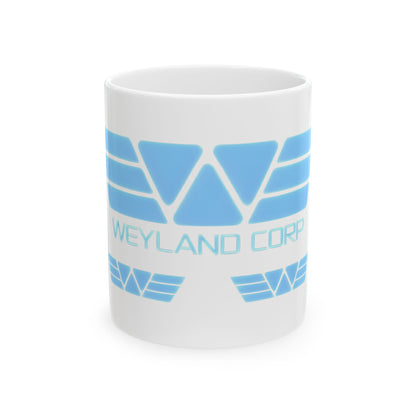 Weyland Corp Alien Retro Ceramic Coffee Mug showcasing its iconic sci-fi design, perfect for sipping your intergalactic brews with a touch of humour.