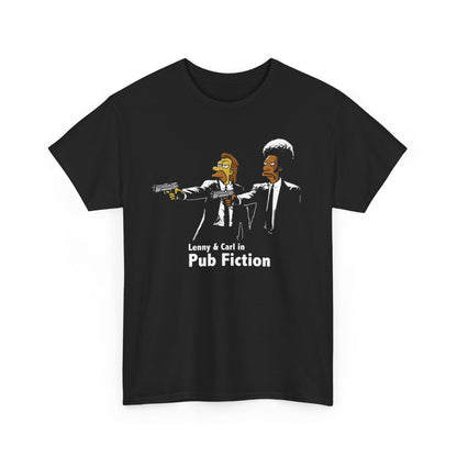 Chic black unisex t-shirt with a playful 'Lenny & Carl in Pub Fiction' graphic, blending humour and pop culture from The Simpsons in a fashionable design, perfect for casual outings or lounging.