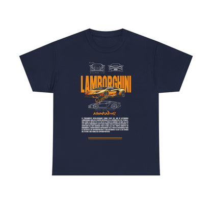Navy luxury t-shirt showcasing the iconic Lamborghini Aventador with detailed car drawings and vibrant orange typography, perfect for car enthusiasts.