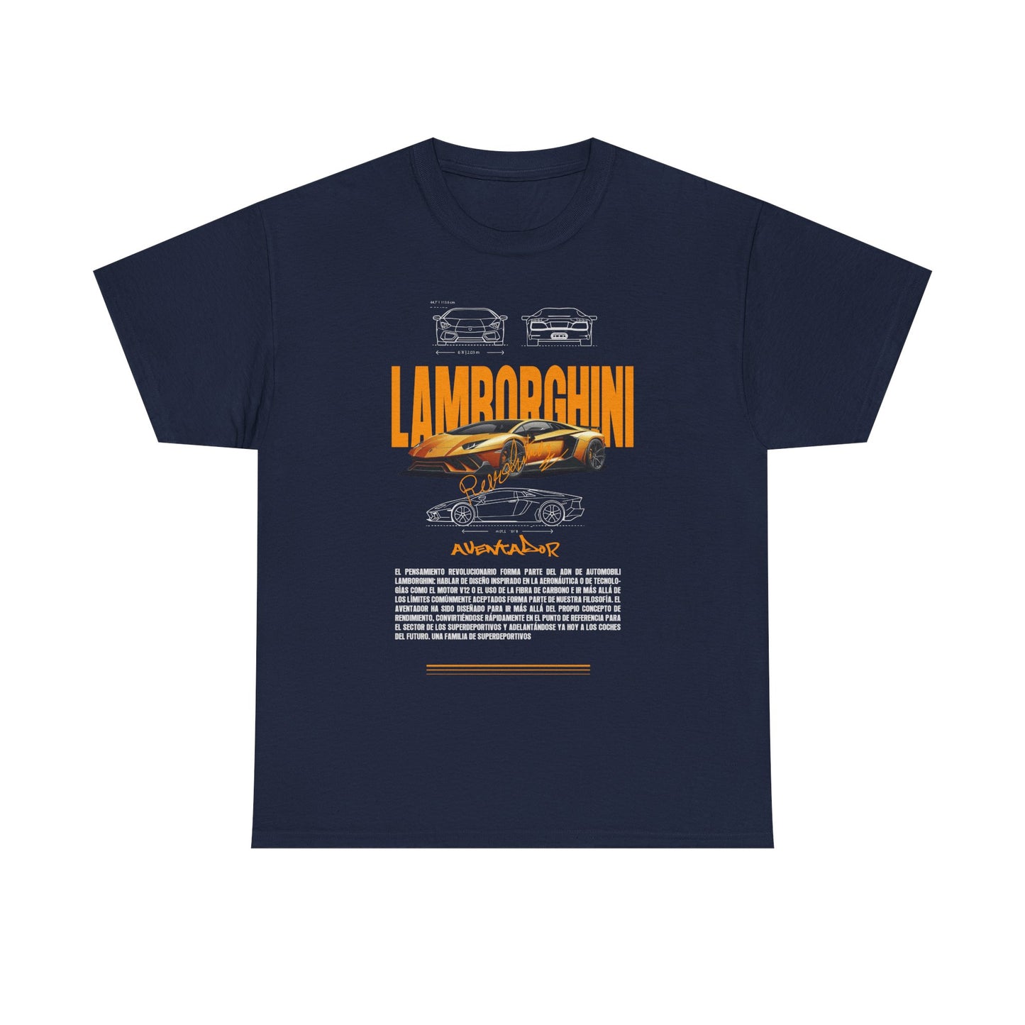 Sophisticated navy Lamborghini Aventador graphic t-shirt, adorned with bold orange type and artistic sketches, a statement piece for luxury automobile aficionados.