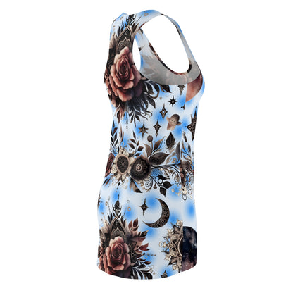 Side view of a Women's Luxury Chic Racerback Dress featuring an elegant floral and celestial design, ideal for summer gatherings and beach events.