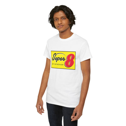Casual model displaying the Super 8 Retro Logo Unisex Graphic Tee with a charming vintage logo, ideal for both men and women.