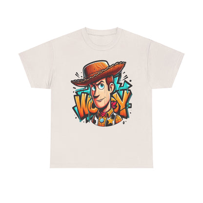 Woody Graphic Unisex Cotton Tee - Nostalgic Design, Comfortable Fit for All Adventures. Showcases a detailed illustration of Woody, the popular cowboy toy, on a soft beige tee.