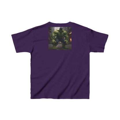 Kids Incredible Hulk Heavy Cotton T-Shirt in rich purple, showcasing a striking Hulk image on the back, perfect for fearless children in need of stylish durability.
