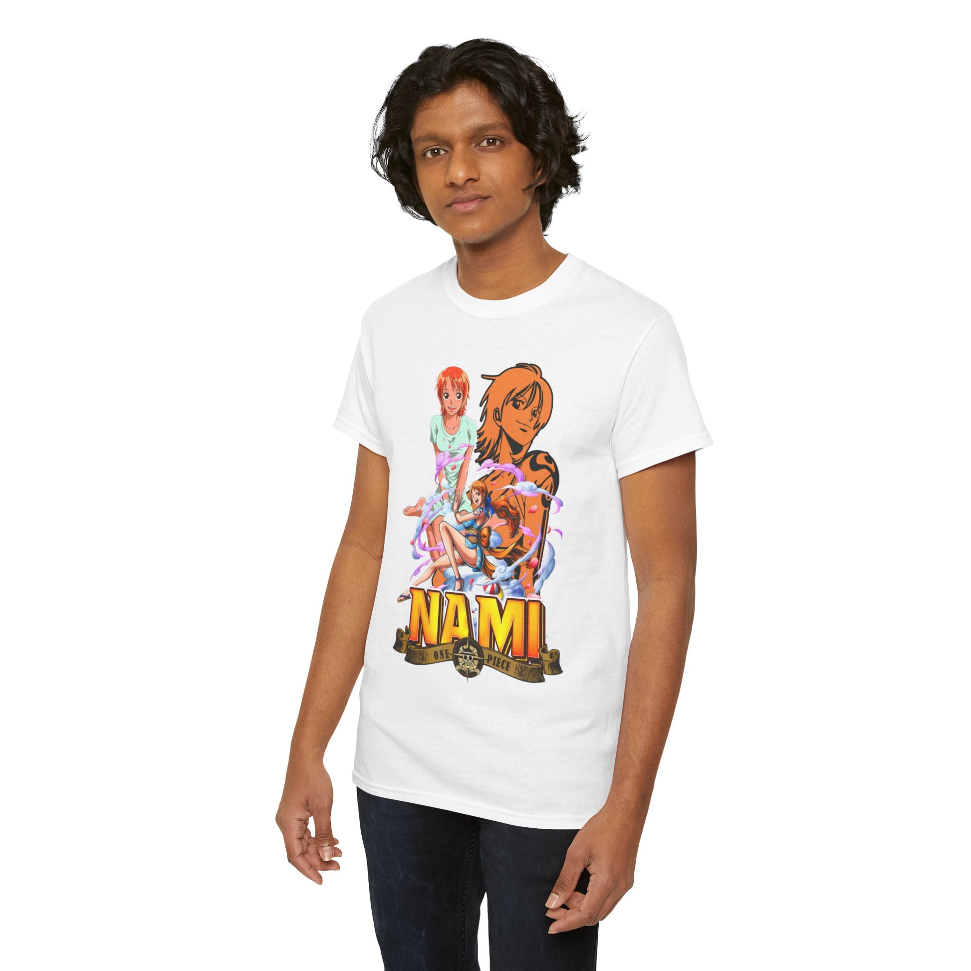 Striking men's t-shirt adorned with intricate Nami anime art from One Piece, modelled by an individual in a contemporary fashion setting, showcasing a perfect blend of style and character.