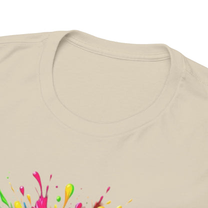 Close-up of a Funny T-Shirt showcasing the playful Minion Paint Splash graphic. Perfect for adding a splash of colour and fun to any casual wardrobe.