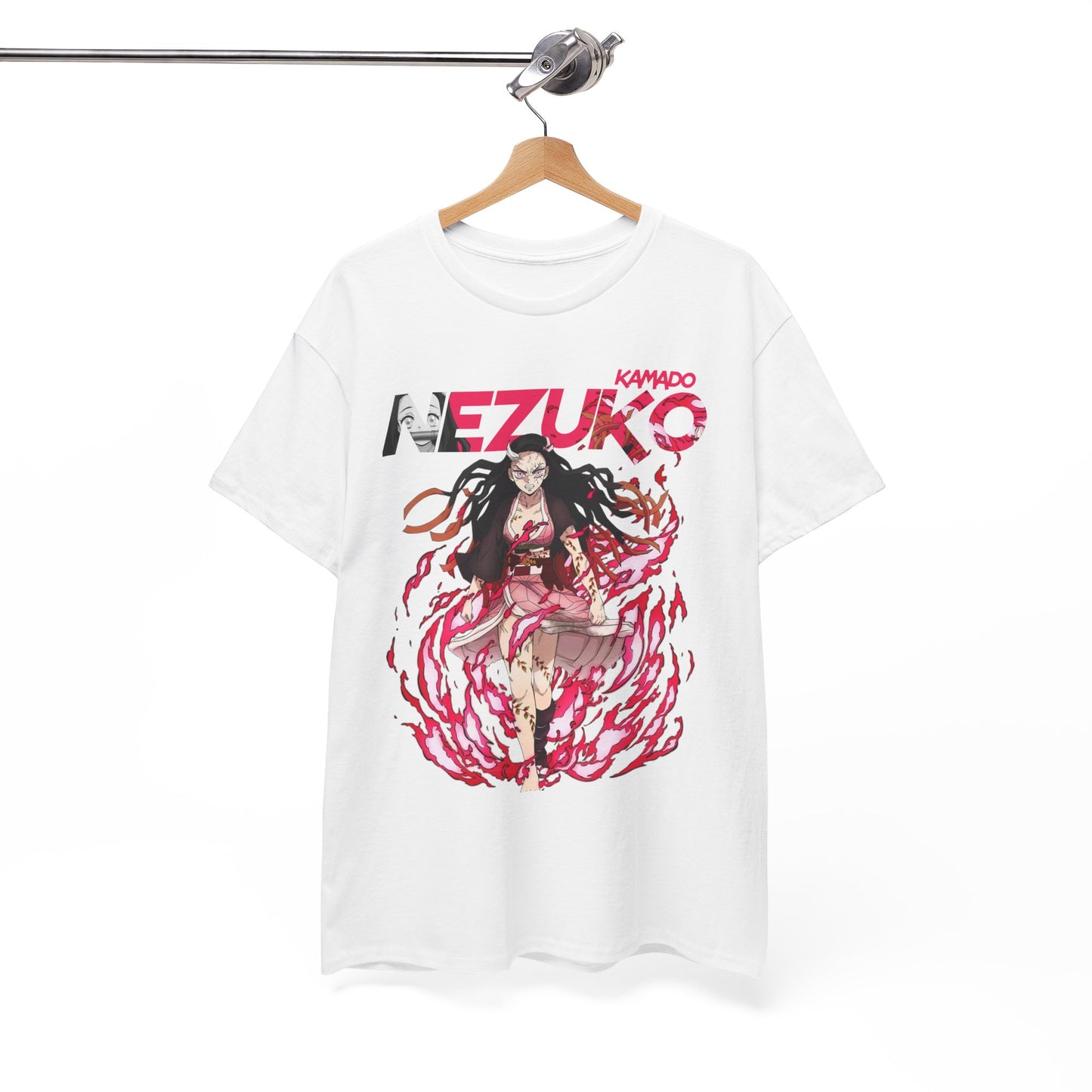 Artistic display of a Nezuko Kamado T-shirt elegantly hanging, highlighting bold graphics and unique design that appeals to anime devotees.