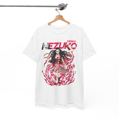 Artistic display of a Nezuko Kamado T-shirt elegantly hanging, highlighting bold graphics and unique design that appeals to anime devotees.