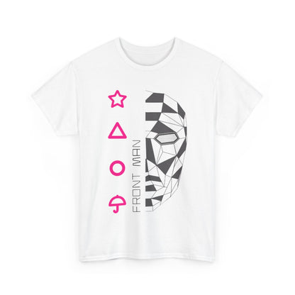 Elegant Squid Game unisex T-shirt showcasing the Front Man graphic with geometric patterns, perfect for making a stylish statement.