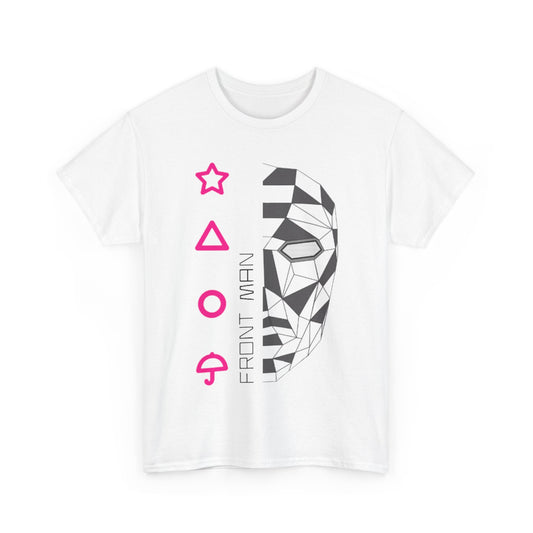 Elegant Squid Game unisex T-shirt showcasing the Front Man graphic with geometric patterns, perfect for making a stylish statement.
