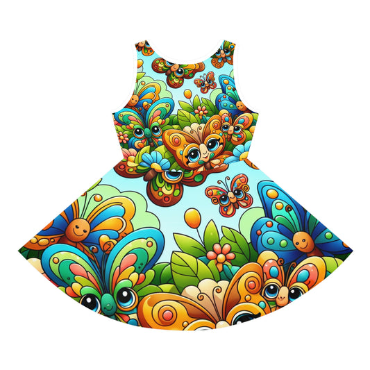 Lilly Buttonwood Girls' Butterfly Sundress - Vibrant A-Line Comfort Dress for Toddlers showcasing a playful butterfly print in vibrant colours, ideal for family gatherings and sunny day adventures.