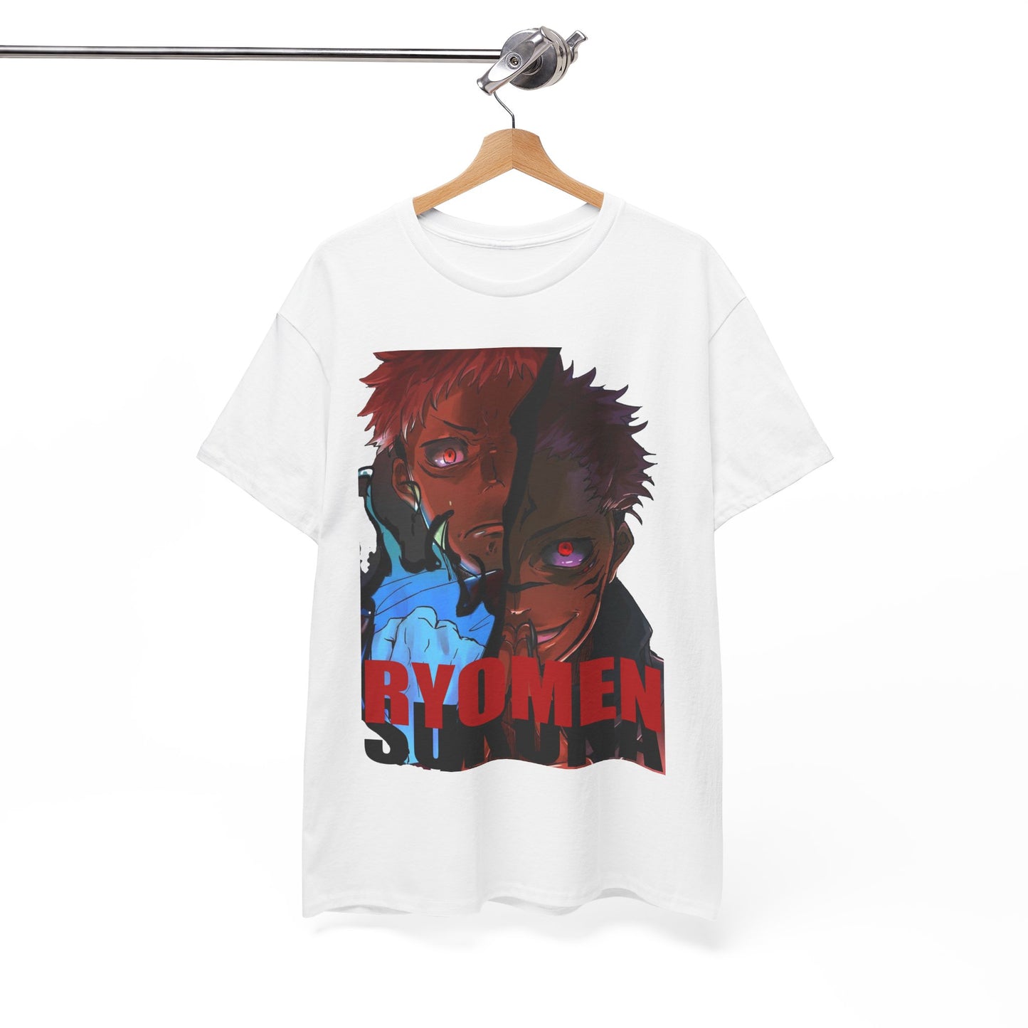 Chic Ryomen Sukuna Anime T-Shirt displayed on a hanger, showcasing a captivating design with powerful character imagery, an essential addition to any stylish anime enthusiasts' collection.