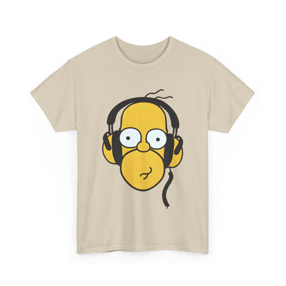 Luxurious unisex cotton t-shirt featuring the iconic 'Hear the Hilarity Homer Simpson Headphones' graphic design, showcasing Homer's playful expression with black headphones against a soft beige background.