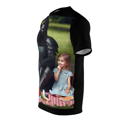 Luxurious Mystical Space Warrior T-Shirt by Dazzling Dreams Studio featuring a cosmic picnic design, showcasing a space warrior in black armour alongside a young girl, perfect for inspiring creativity in children.
