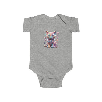 Luxurious Kitten Bodysuit in grey, featuring an adorable geometric kitten design, perfect for stylish baby's wardrobe.