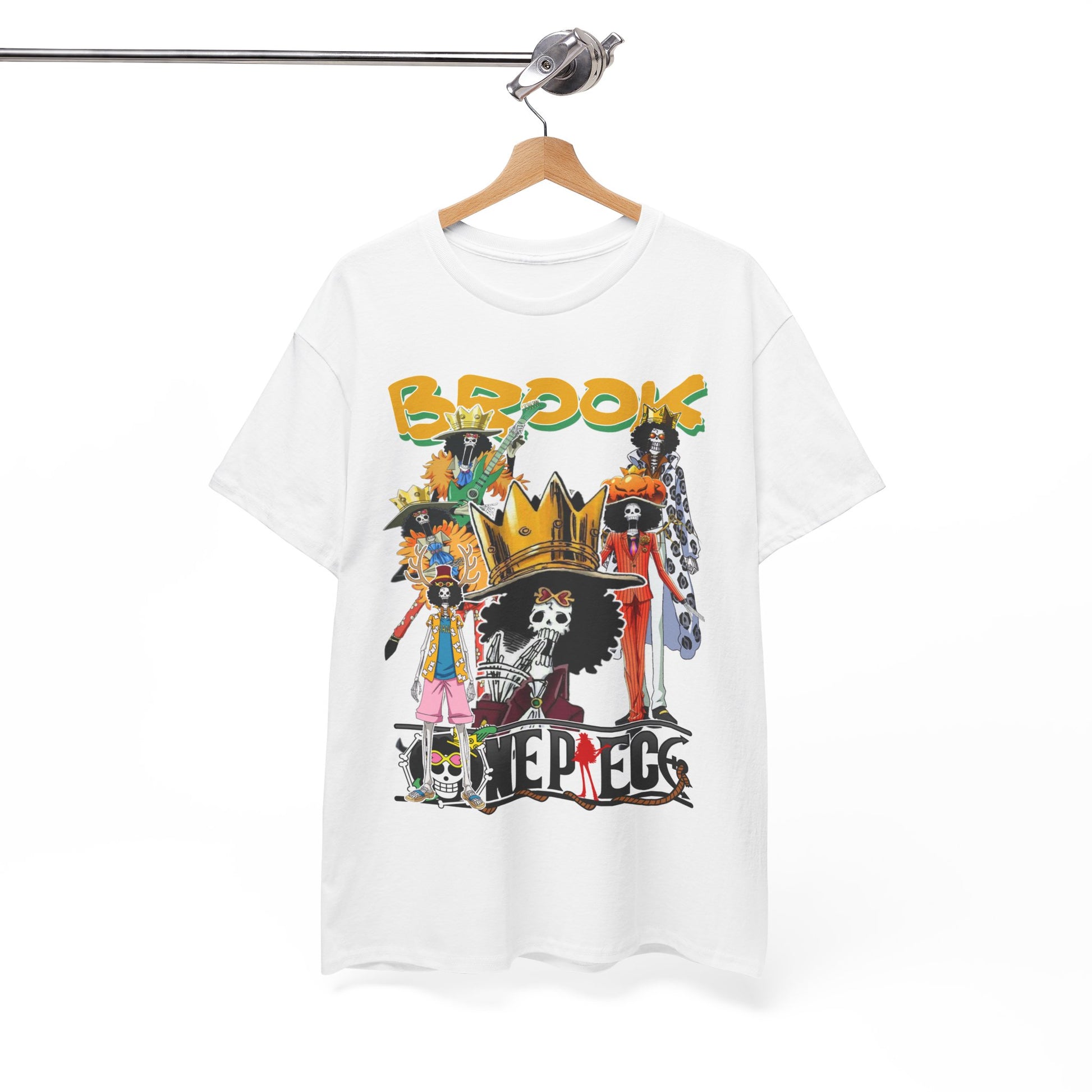 Luxurious white t-shirt featuring a vibrant collage of Brook characters from anime, elegantly displayed on a wooden hanger, perfect for anime enthusiasts.