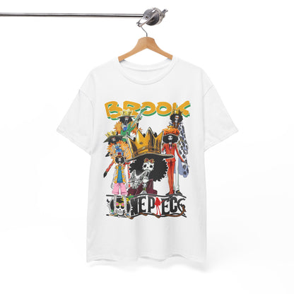 Luxurious white t-shirt featuring a vibrant collage of Brook characters from anime, elegantly displayed on a wooden hanger, perfect for anime enthusiasts.