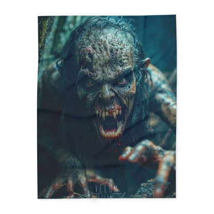 Elegant view of the Decorative and Warm Halloween Spooky Arctic Fleece Blanket showcasing intricate monster artwork, ideal for enhancing Halloween-themed interiors.