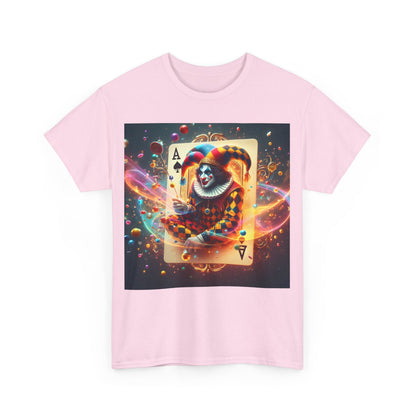 Unisex Harlequin Playing Card Graphic Tee featuring a vibrant design of a harlequin character sitting on a playing card, set against a cosmic background of swirling colours, ideal for fashion-forward individuals.