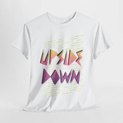 Stylish unisex graphic tee featuring the phrase 'UPSIDE DOWN' in vibrant pastel colours and dynamic angular design, perfect for edgy street fashion.