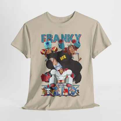 Close-up of a luxurious beige t-shirt displaying dynamic anime character art of Franky, offering a perfect blend of fashion and fandom.