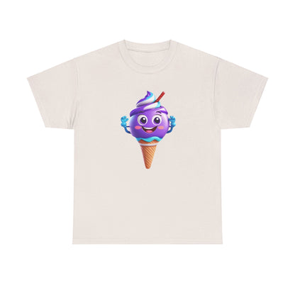 Scoop of Joy: Cartoon Ice Cream Cone Character Tee in light beige, showcasing a playful purple ice cream character with a joyful expression, perfect for cheerful summer wear.
