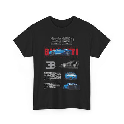 Luxury Bugatti Chiron Men's T-Shirt featuring a high-definition image of the iconic blue supercar, complemented by detailed technical drawings, logo, and performance specifications on a sleek black background.
