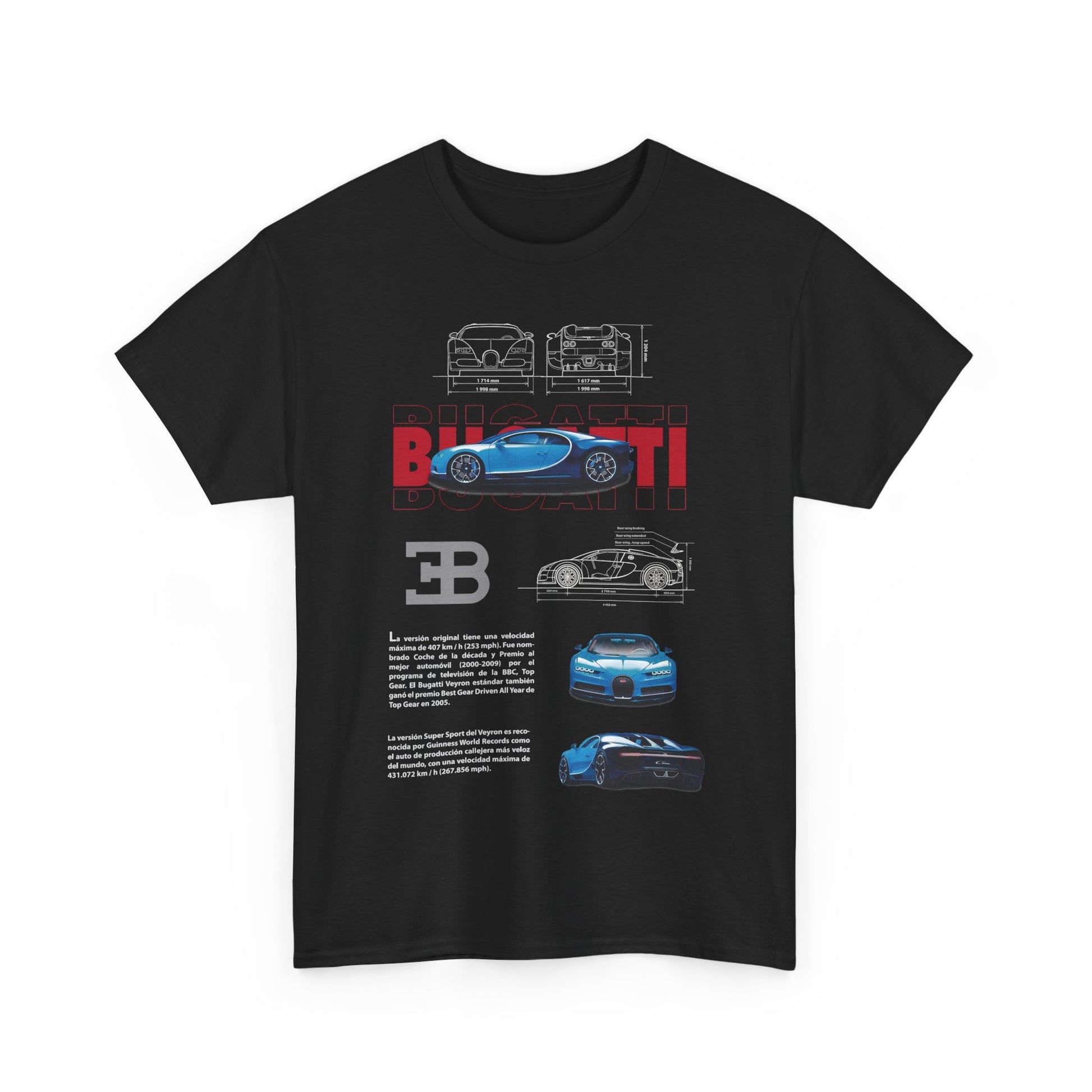 Elegant black t-shirt showcasing intricate Bugatti Chiron art, with technical drawings and the iconic logo, perfect for car enthusiasts.