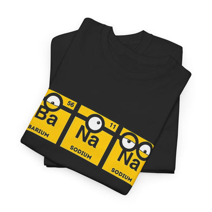 A folded Men's Funny T-Shirt showcasing the Minions Periodic Table Design featuring Ba, Na, Na. This stylish and humorous tee is a great way to express your love for chemistry and Minions, perfect for lounging or casual outings.